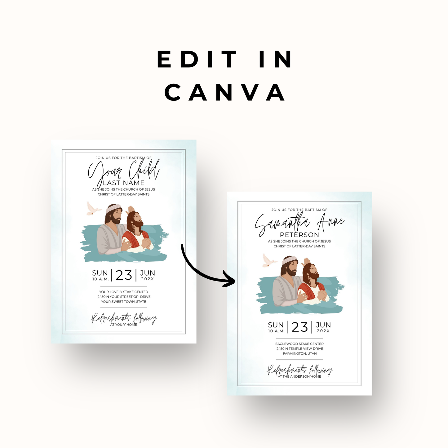 LDS Baptism Invitation – Editable Canva Digital Download Template