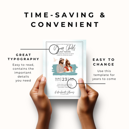 Digital Download Baptism Invitation LDS Template Editable Canva Design Instant Access Printable Format Mormon Ceremony Invite Easy DIY Creation Customizable Text Home Printing Option Sacred Milestone Celebration Religious Event Family