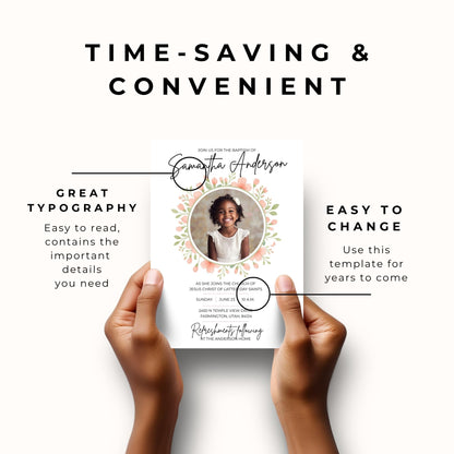 LDS Baptism Invitation for Girls – Canva Printable Floral Design