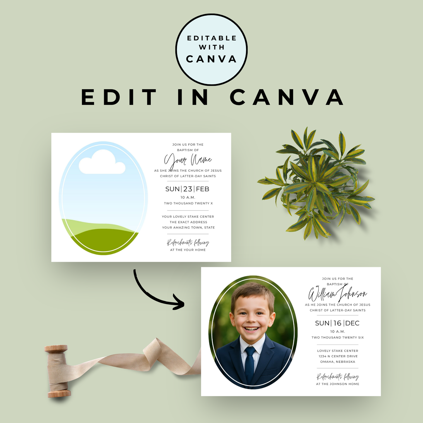 LDS Baptism Invitation – Editable Canva Printable Template