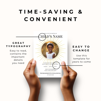 LDS Baptism Invitation – Canva Editable Sunrays Digital Download