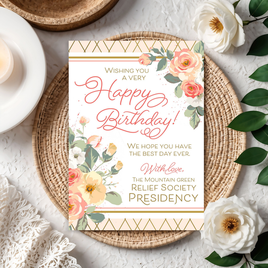 Personalized Relief Society birthday card printable with peach and pink rose floral design, custom LDS ward name, and 5x7 digital file