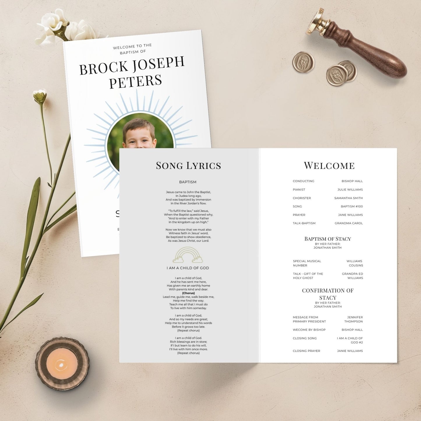 Printable Baptism Program Template LDS Church Design DIY Foldable Program Editable Canva Template Instant Download Mormon Baptism Ceremony Modern Rainbow Design Custom Photo Space Gender Neutral Theme Quick Print Church Program Baptism Day