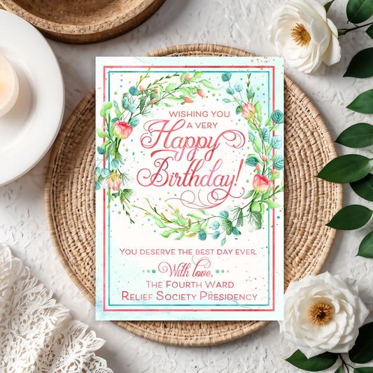 Personalized Relief Society birthday card printable with floral wreath design, custom LDS ward name, 5x7 digital download