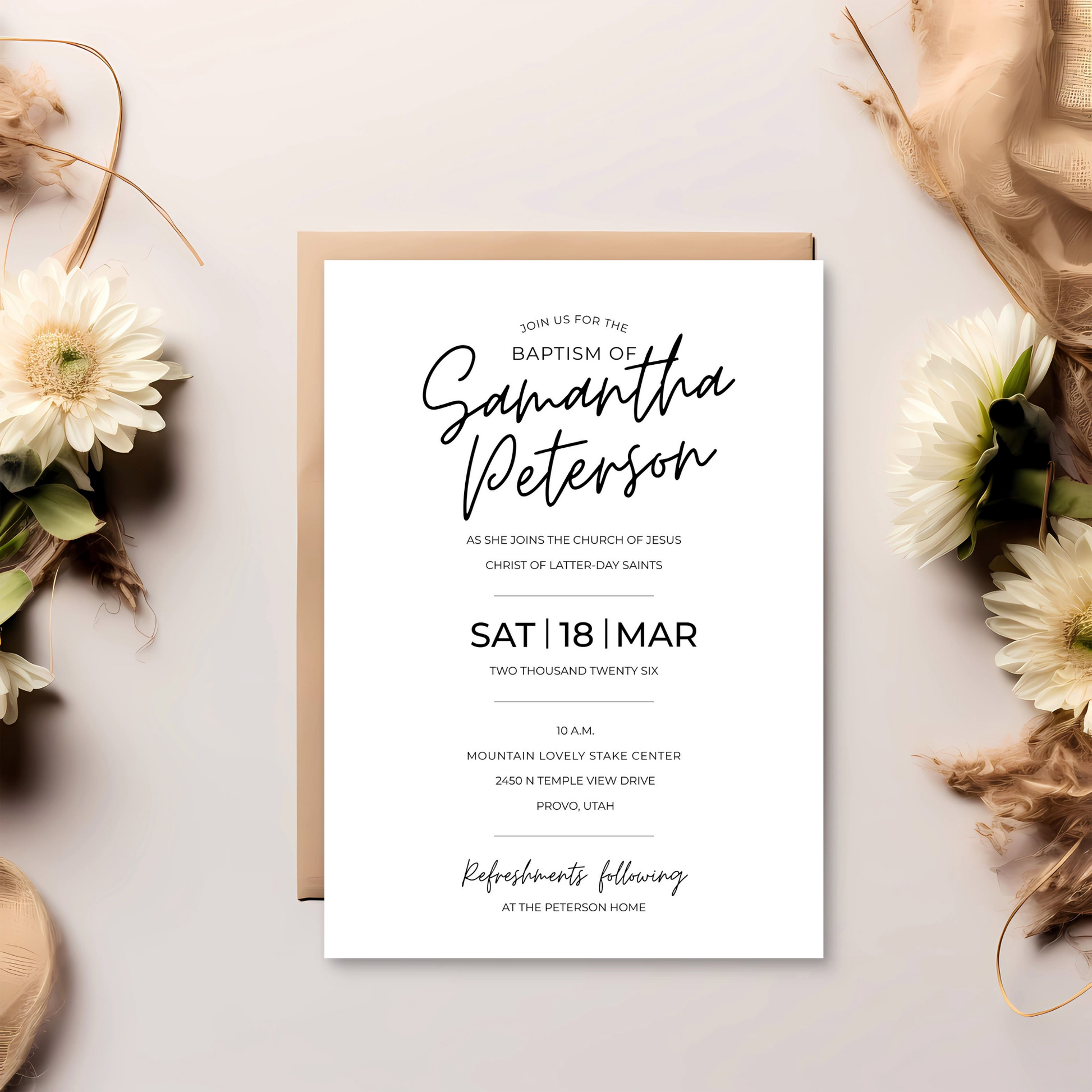 Instant Download Baptism Invitation Editable Template LDS Church Ceremony Digital Design Minimalist Modern Style Customizable Canva Format Boy Girl Gender Neutral Religious Celebration DIY Printing Perfect Personalized Announcement