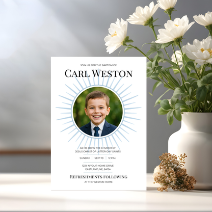 Religious Ceremony Invitation LDS Baptism Template Digital Download Canva Editable Design Sunrays Theme Boy Girl Celebration Customizable Format Instant Access Sacred Milestone Event DIY Printable Announcement Modern Church Party Planning
