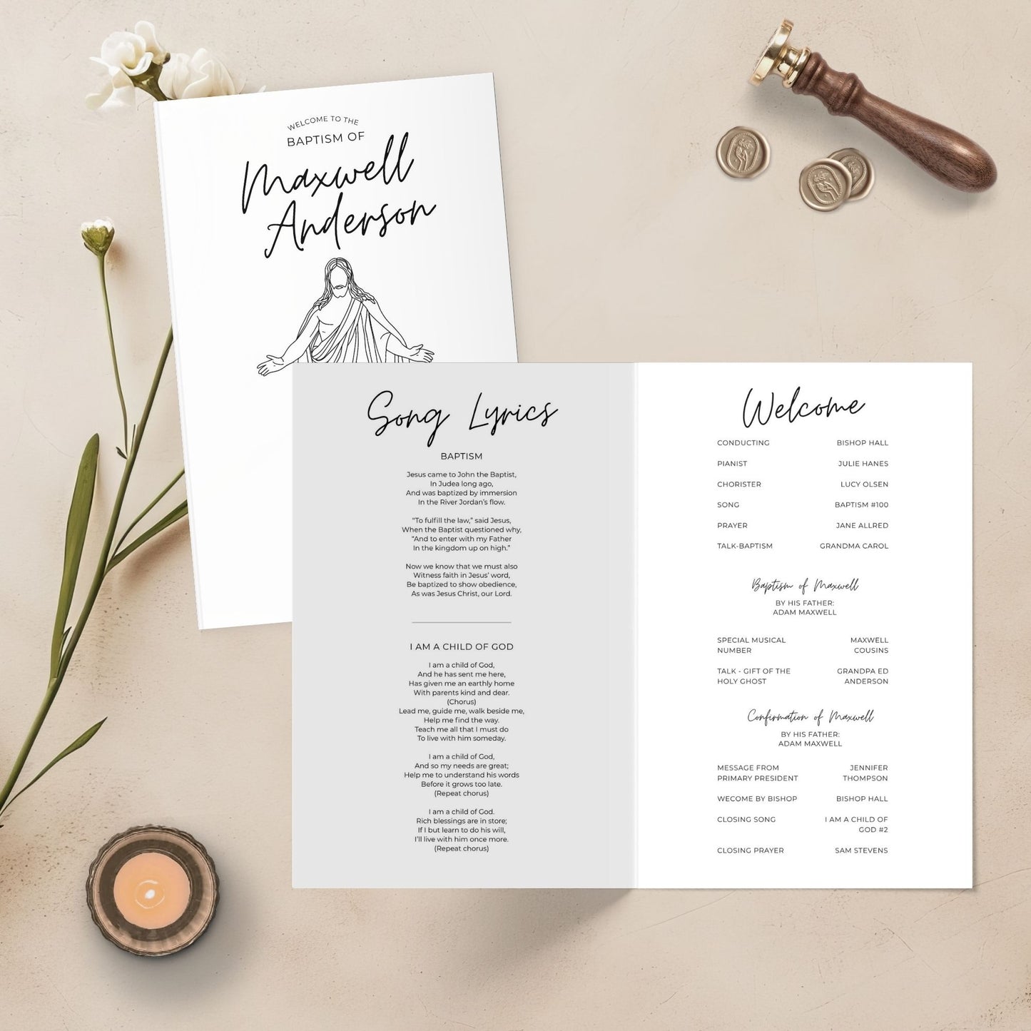 Instant Download Baptism Program Digital Template Editable Canva Format LDS Church Ceremony Planning Minimalist Design Style Modern Baptism Celebration Quick Edit Template Professional Program Layout DIY Printable Format Beautiful Clean
