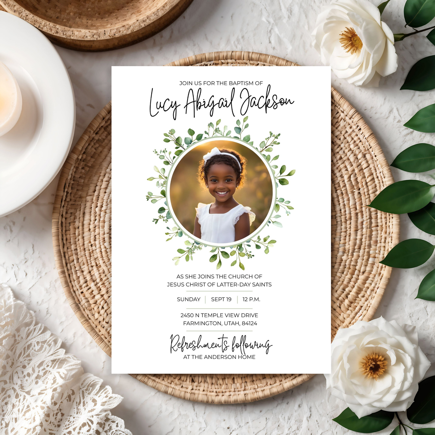 LDS Baptism Invitation Digital Template Editable Design Customizable Boy Or Girl Options Instant Download Printable Format DIY Home Printing Mormon Ceremony Announcement Sacred Occasion Celebration Personalized Invitation Design Religious