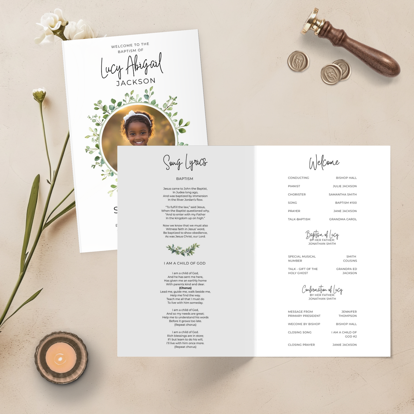 Editable Baptism Template LDS Program Design Digital Download Canva Format Printable Foldable Layout Modern Style Custom Photo Space Personalized Scripture Selection Speaker Name Sections Song Title Display Talk Schedule Perfect Church