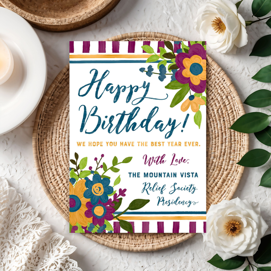 Personalized Relief Society birthday card printable with bright floral design, custom LDS ward name, and 5x7 digital download