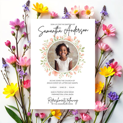 Printable Baptism Invitation Girl Religious Ceremony Digital Template Floral Design Pattern Canva Editable Format Instant Download DIY Friendly Customizable Text Fields Church Celebration Announcement Family Gathering Beautiful Feminine