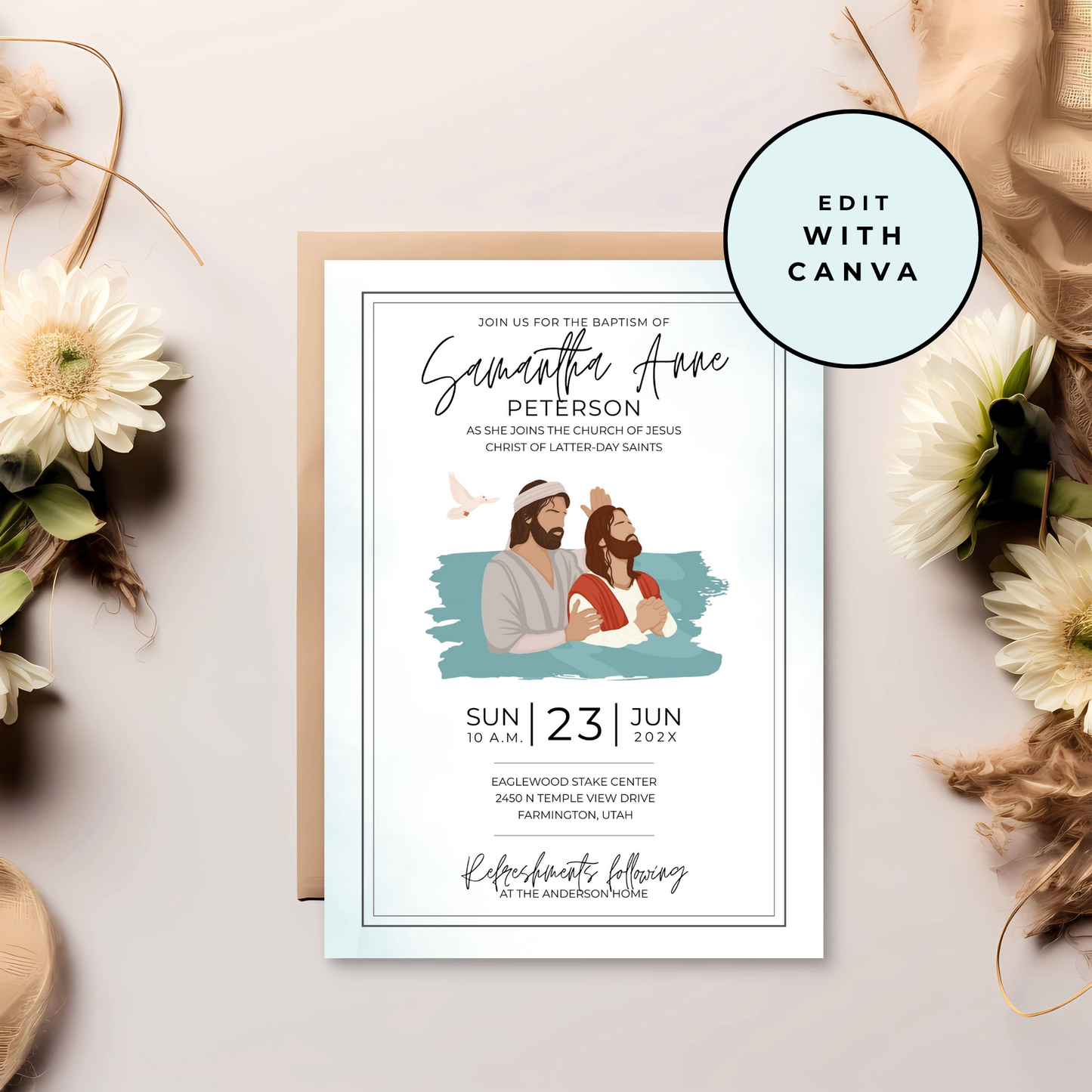 LDS Baptism Invitation – Editable Canva Digital Download Template