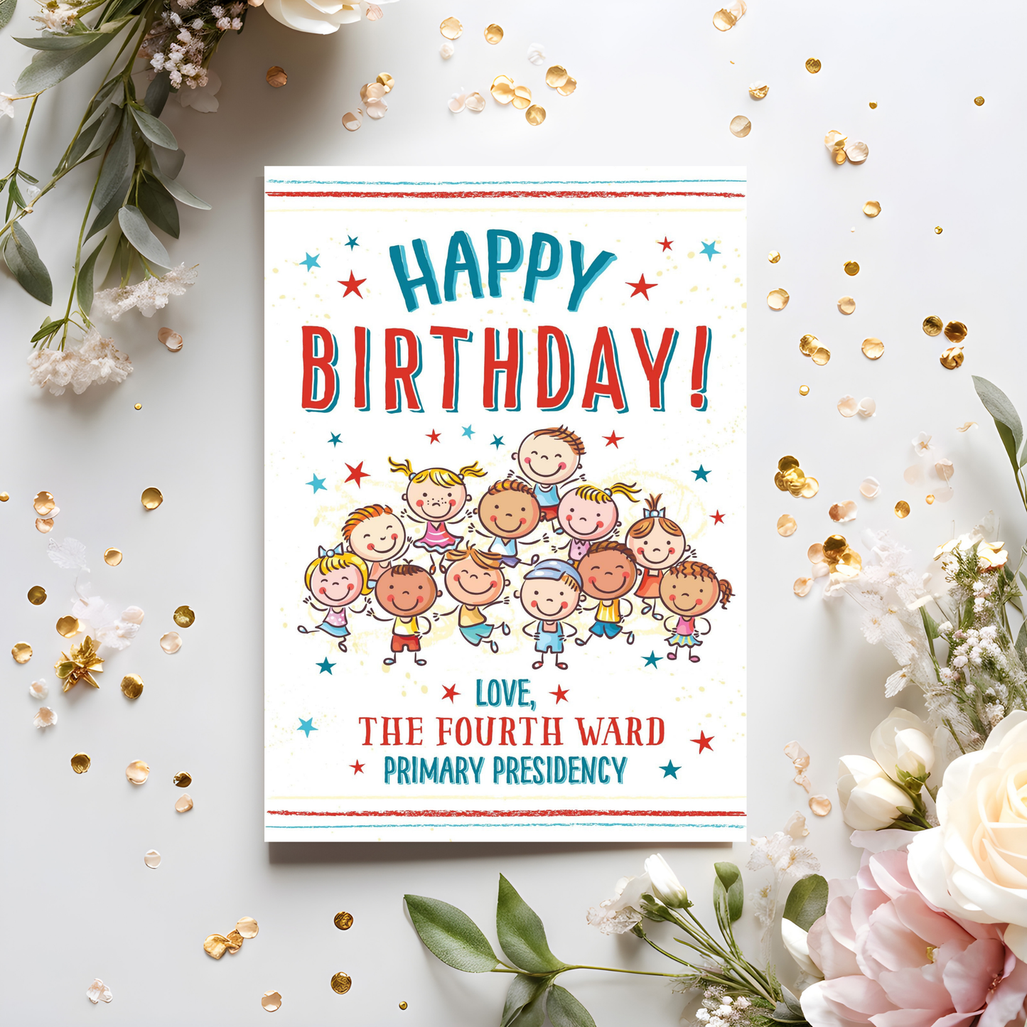 Custom primary birthday card for LDS children with personalized church organization name, cheerful kids artwork, and printable format