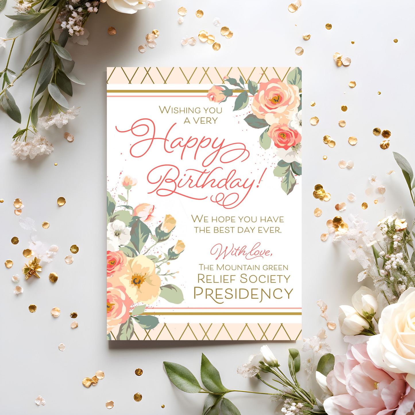 Custom LDS Relief Society birthday card for ward sisters with soft coral roses, personalized church organization name, and printable format