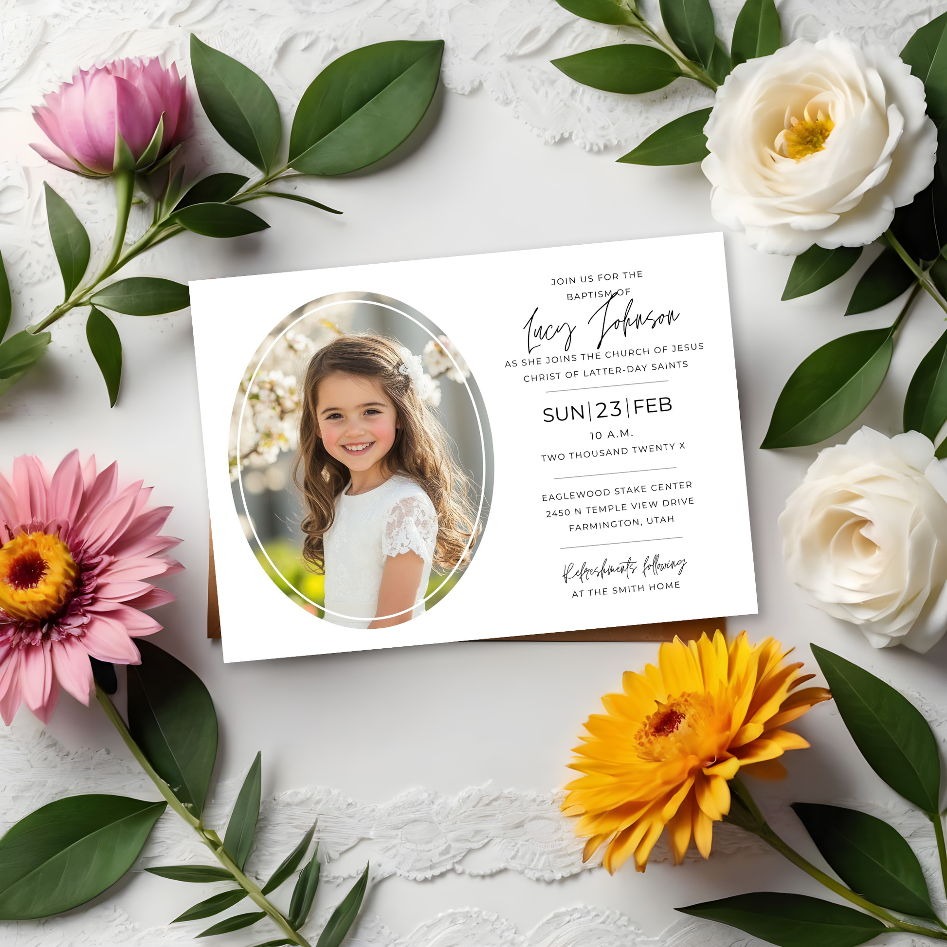 Canva Baptism Template Editable LDS Invitation Design Mormon Church Ceremony Announcement Digital Printable Format Instant Download Access Customizable Photo Invitation Modern Clean Design Professional Typography Style Religious Celebration