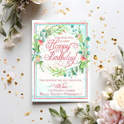 Custom LDS Relief Society birthday card for ward sisters with personalized church organization name and floral printable design