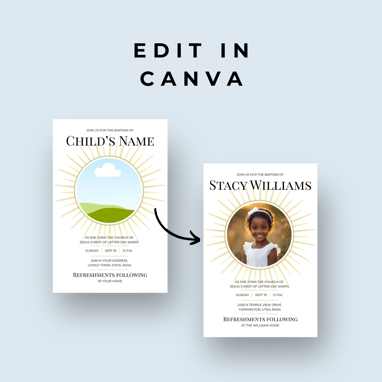 Digital Download Ceremony Invitation Canva Template Bundle Editable LDS Design Format Instant Access Template Set Matching Program Collection Foldable Ceremony Program Easy Edit Format Religious Milestone Planning Child Ceremony Celebration