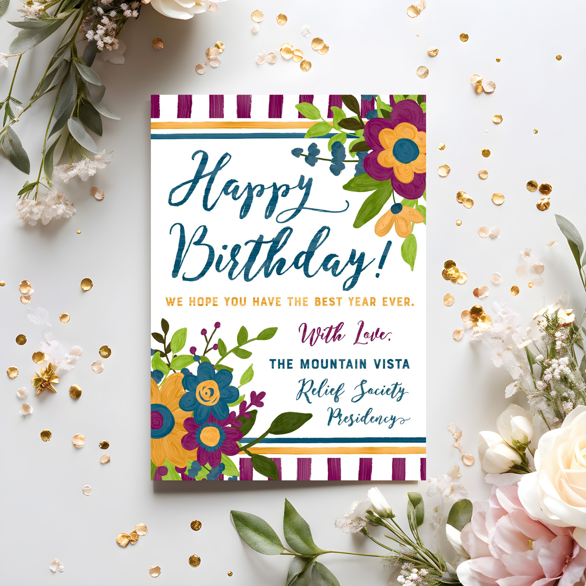 Bright floral ward birthday card personalized for Relief Society sisters, ministering leaders, and LDS church birthday outreach