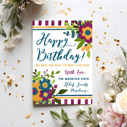 Bright floral ward birthday card personalized for Relief Society sisters, ministering leaders, and LDS church birthday outreach
