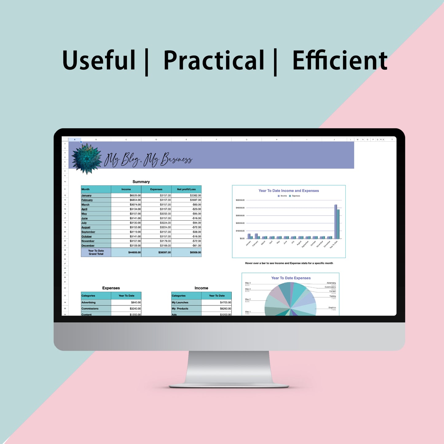 Your Business and Blog Income and Expense Tracker - Blue Mandala Edition