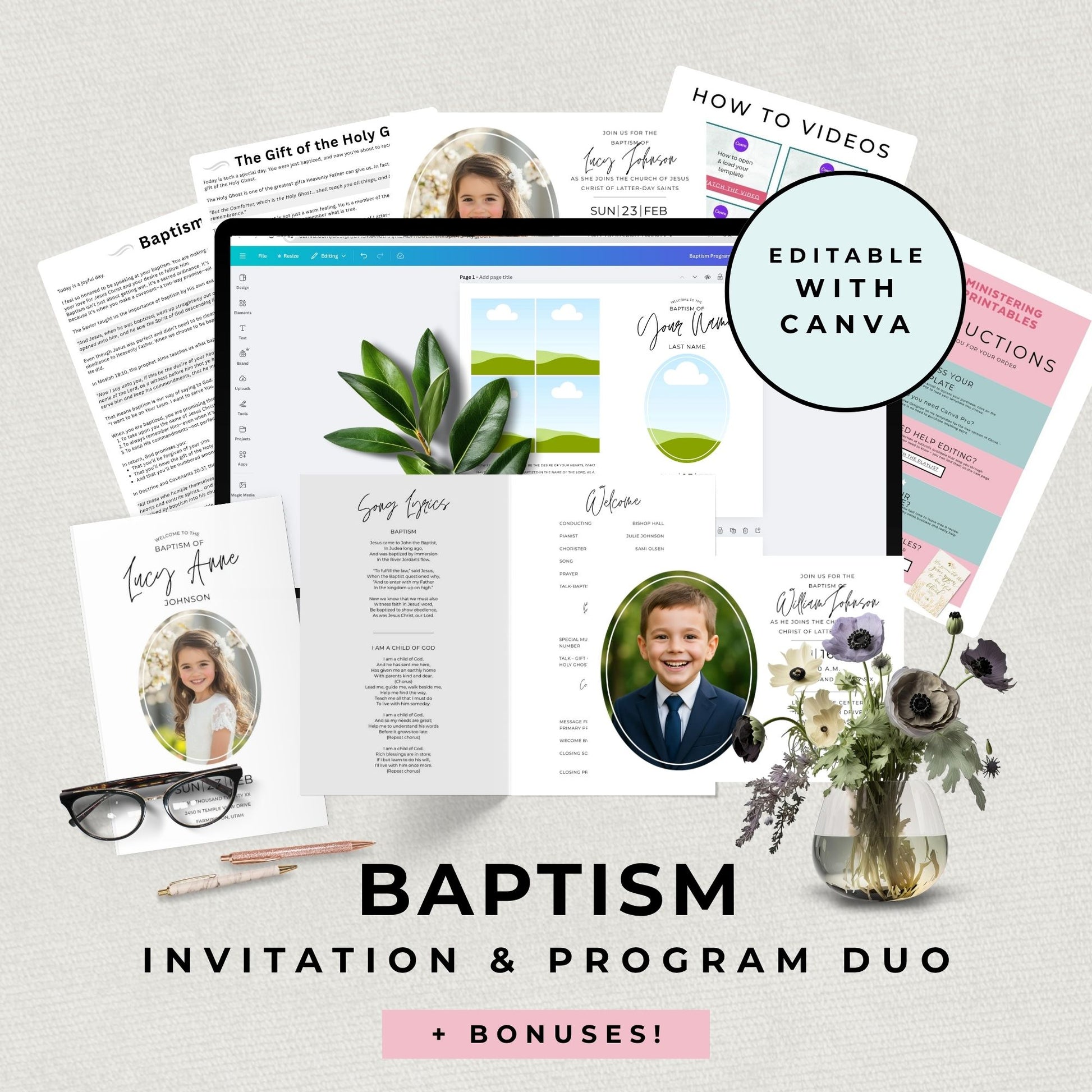 LDS Baptism Invitation Bundle Template Set Digital Download Editable Canva Design Matching Program Foldable Format Perfect Ceremony Planning Guest Invitation Baptism Day Preparation Latter-day Saints Mormon Family Celebration Boys Girls