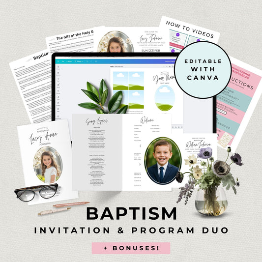 LDS Baptism Invitation Bundle Template Set Digital Download Editable Canva Design Matching Program Foldable Format Perfect Ceremony Planning Guest Invitation Baptism Day Preparation Latter-day Saints Mormon Family Celebration Boys Girls