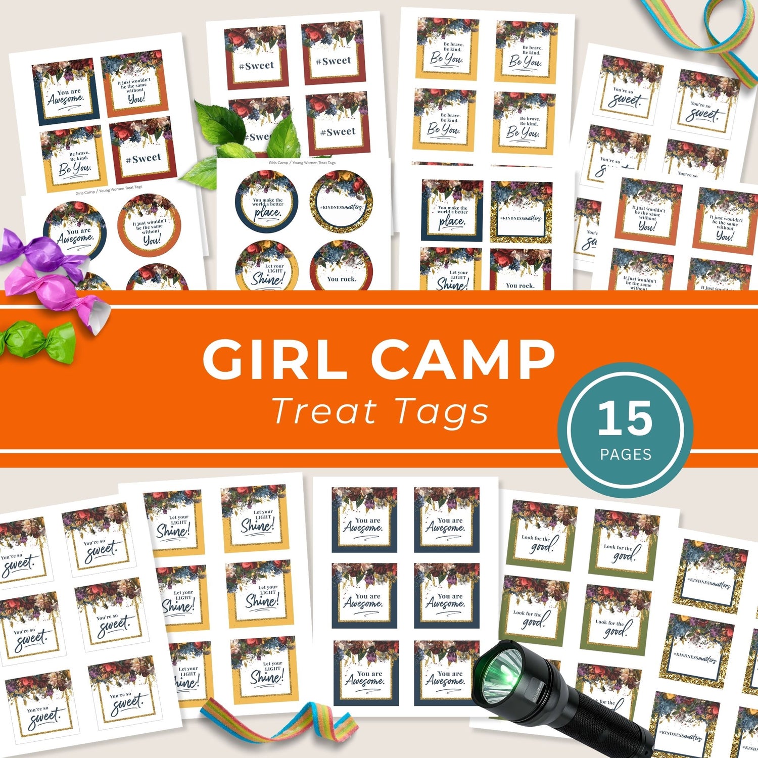 Girls Camp Pillow Treat Topper Printable Gift Tag Collection LDS Young Women Recognition Present Instant Download Digital File Easy DIY Printing Budget Friendly Summer Camp Activity Youth Group Appreciation Gift Tuck In Treat Design Year