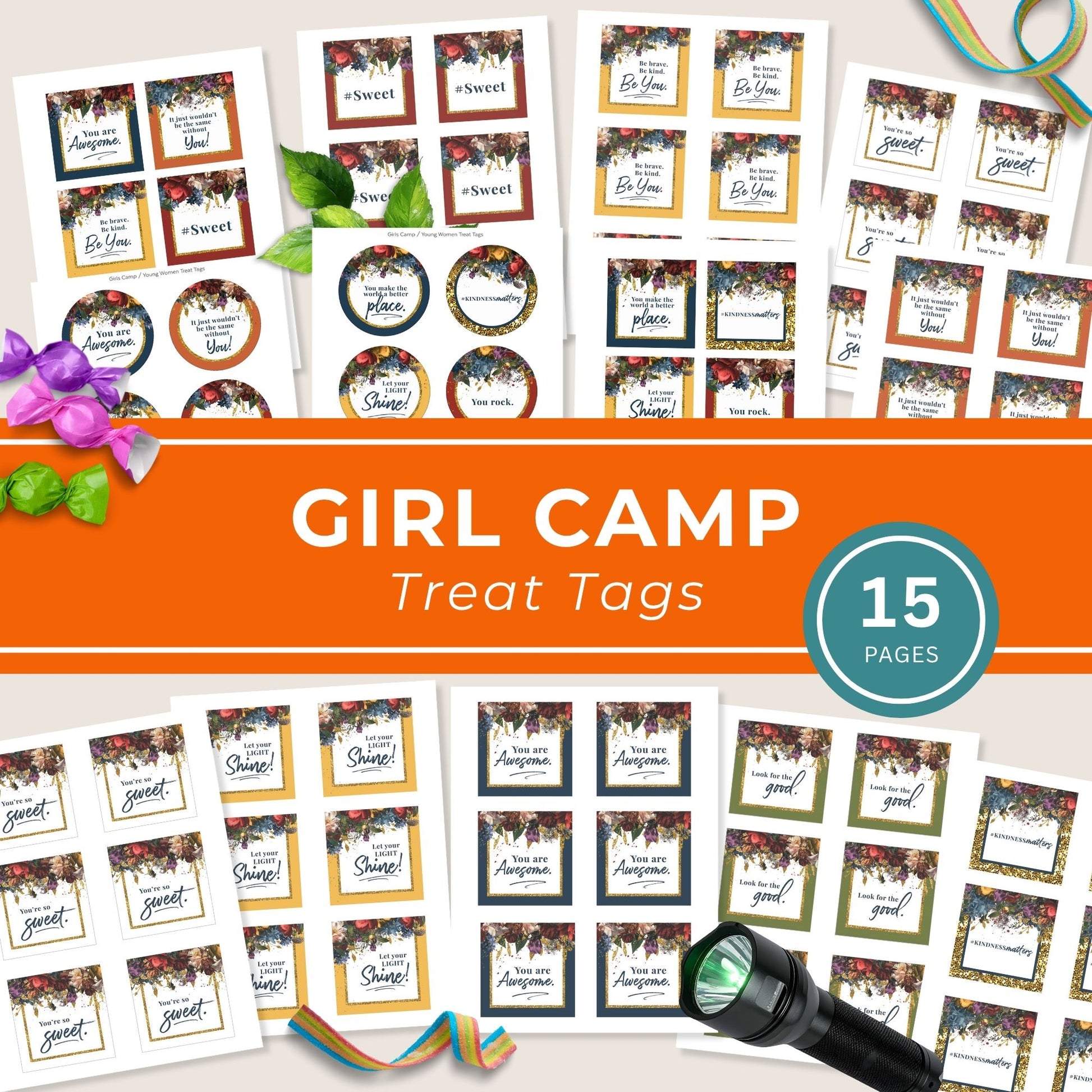 Girls Camp Pillow Treat Topper Printable Gift Tag Collection LDS Young Women Recognition Present Instant Download Digital File Easy DIY Printing Budget Friendly Summer Camp Activity Youth Group Appreciation Gift Tuck In Treat Design Year