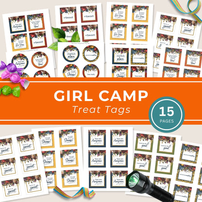 Girls Camp Pillow Treat Topper Printable Gift Tag Collection LDS Young Women Recognition Present Instant Download Digital File Easy DIY Printing Budget Friendly Summer Camp Activity Youth Group Appreciation Gift Tuck In Treat Design Year
