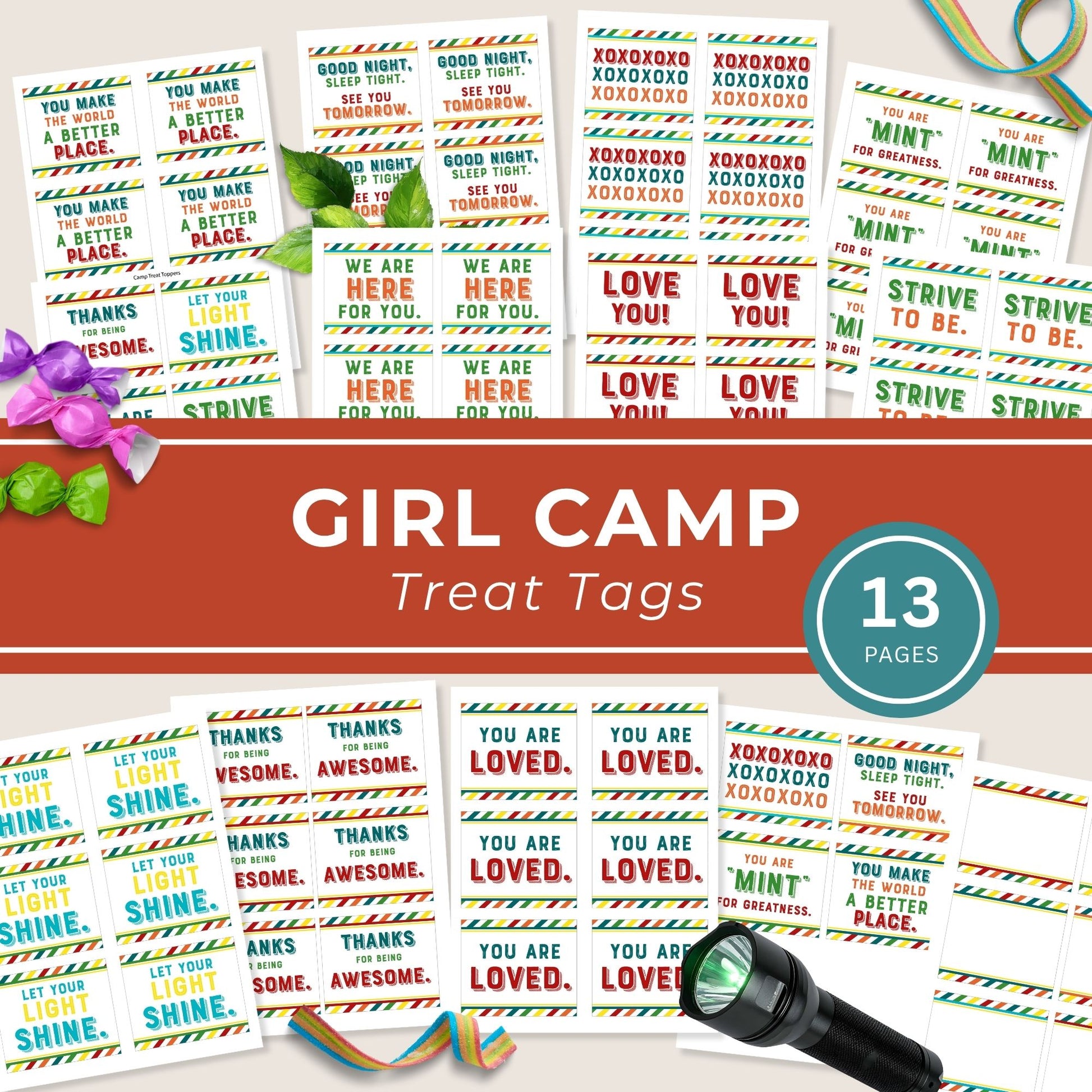 Girls Camp Treat Tag Printable Youth Group Gift Topper Digital Download Template Reusable Design Easy Cut Attach Format Church Activities Young Women Encouragement Summer Camp Event Goody Bag Label Quick DIY Budget Friendly Appreciation