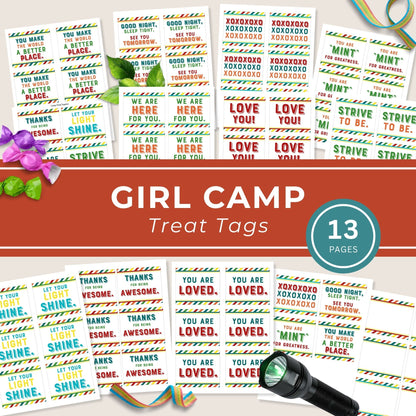 Girls Camp Treat Tag Printable Youth Group Gift Topper Digital Download Template Reusable Design Easy Cut Attach Format Church Activities Young Women Encouragement Summer Camp Event Goody Bag Label Quick DIY Budget Friendly Appreciation