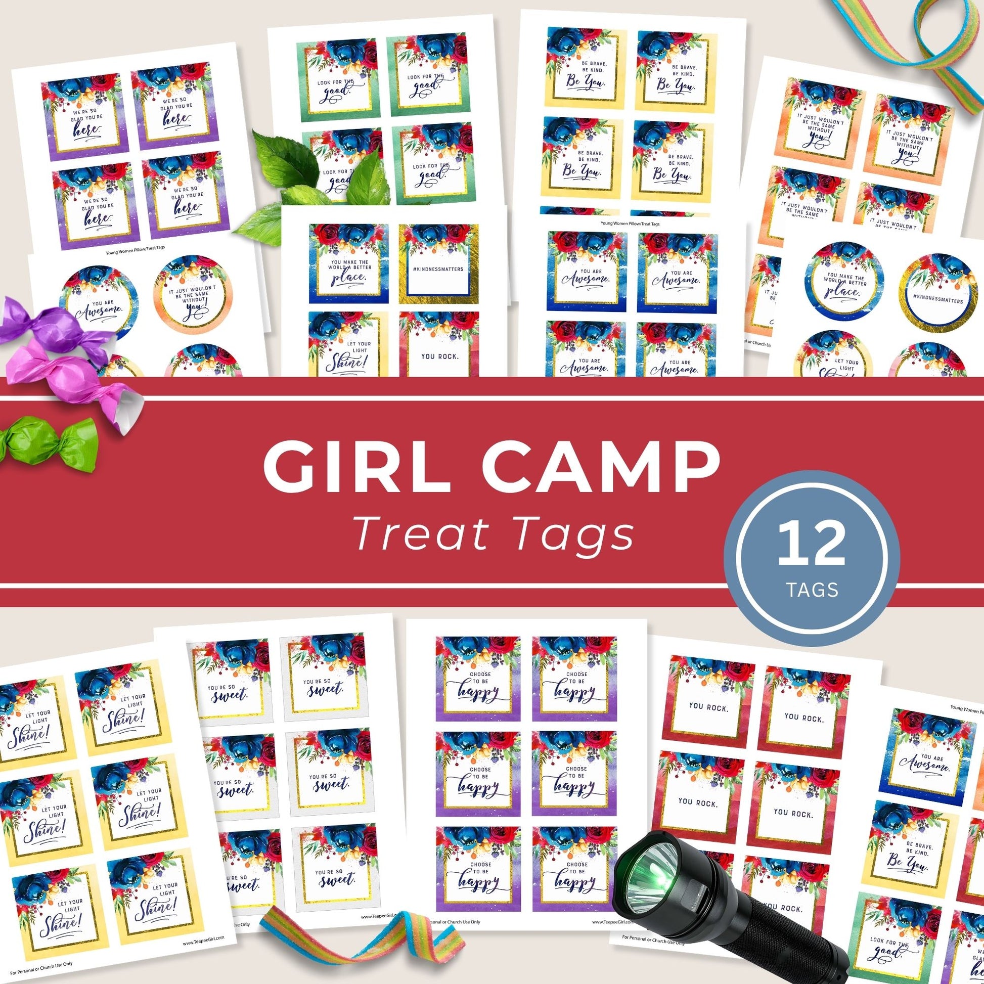 Girls Camp Pillow Treat Topper Printable Gift Tag Collection LDS Young Women Recognition Present Instant Download Digital File Easy DIY Printing Budget Friendly Summer Camp Activity Youth Group Appreciation Gift Tuck In Treat Design Year