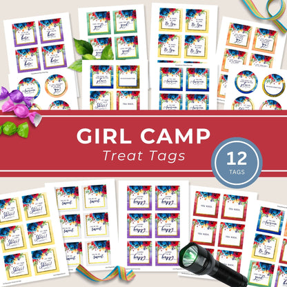Girls Camp Pillow Treat Topper Printable Gift Tag Collection LDS Young Women Recognition Present Instant Download Digital File Easy DIY Printing Budget Friendly Summer Camp Activity Youth Group Appreciation Gift Tuck In Treat Design Year