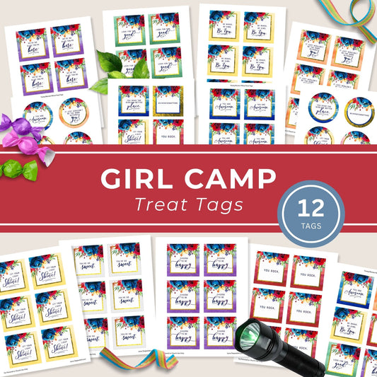 Girls Camp Pillow Treat Topper Printable Gift Tag Collection LDS Young Women Recognition Present Instant Download Digital File Easy DIY Printing Budget Friendly Summer Camp Activity Youth Group Appreciation Gift Tuck In Treat Design Year