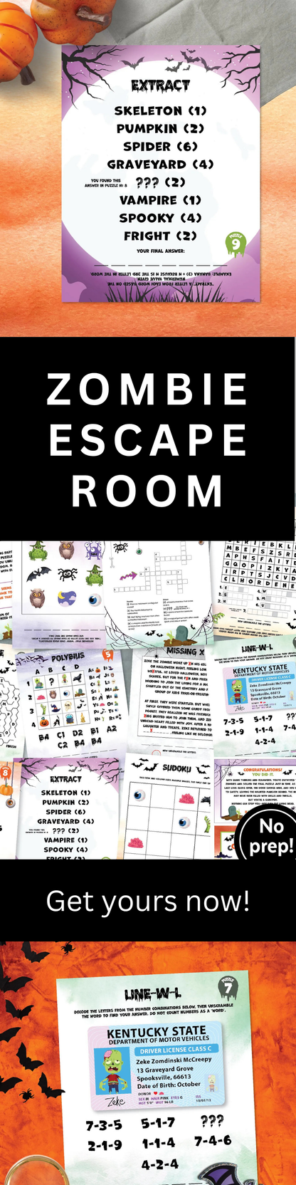 Halloween Escape Room "Night of the Living Puzzles" Printable Zombie Halloween Game 🧟‍♀️