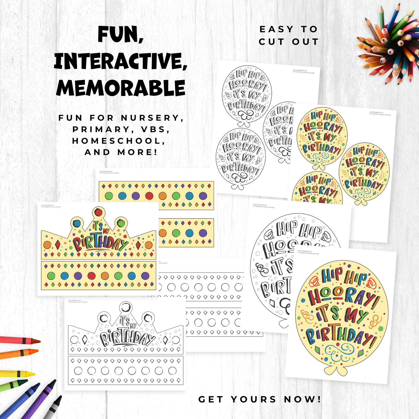 Birthday Crown and Balloon Printable Kit – Color and Coloring Pages for Kids Party