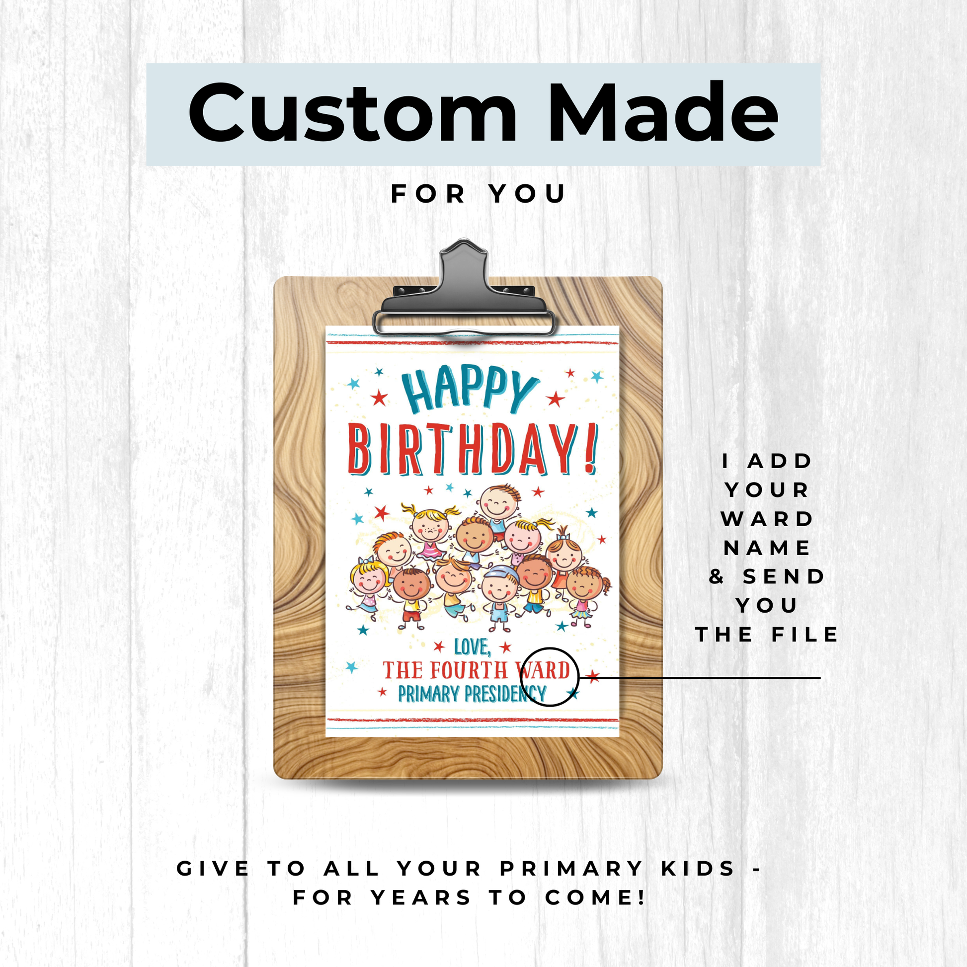 Personalized LDS primary birthday card printable with happy children, colorful balloons, custom ward name, and 5x7 digital file