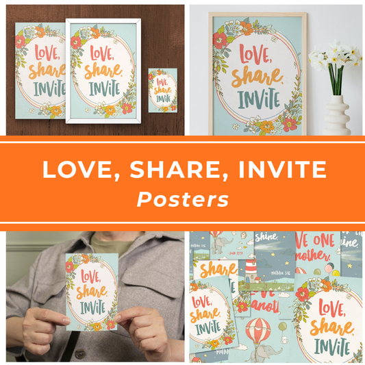 Relief Society Printable Poster Kit Love Share Invite Theme Digital Download Collection Lesson Handout Materials Multiple Size Options Bright Cheerful Design Young Women Activities Church Meeting Decor Bulletin Board Display Ministering