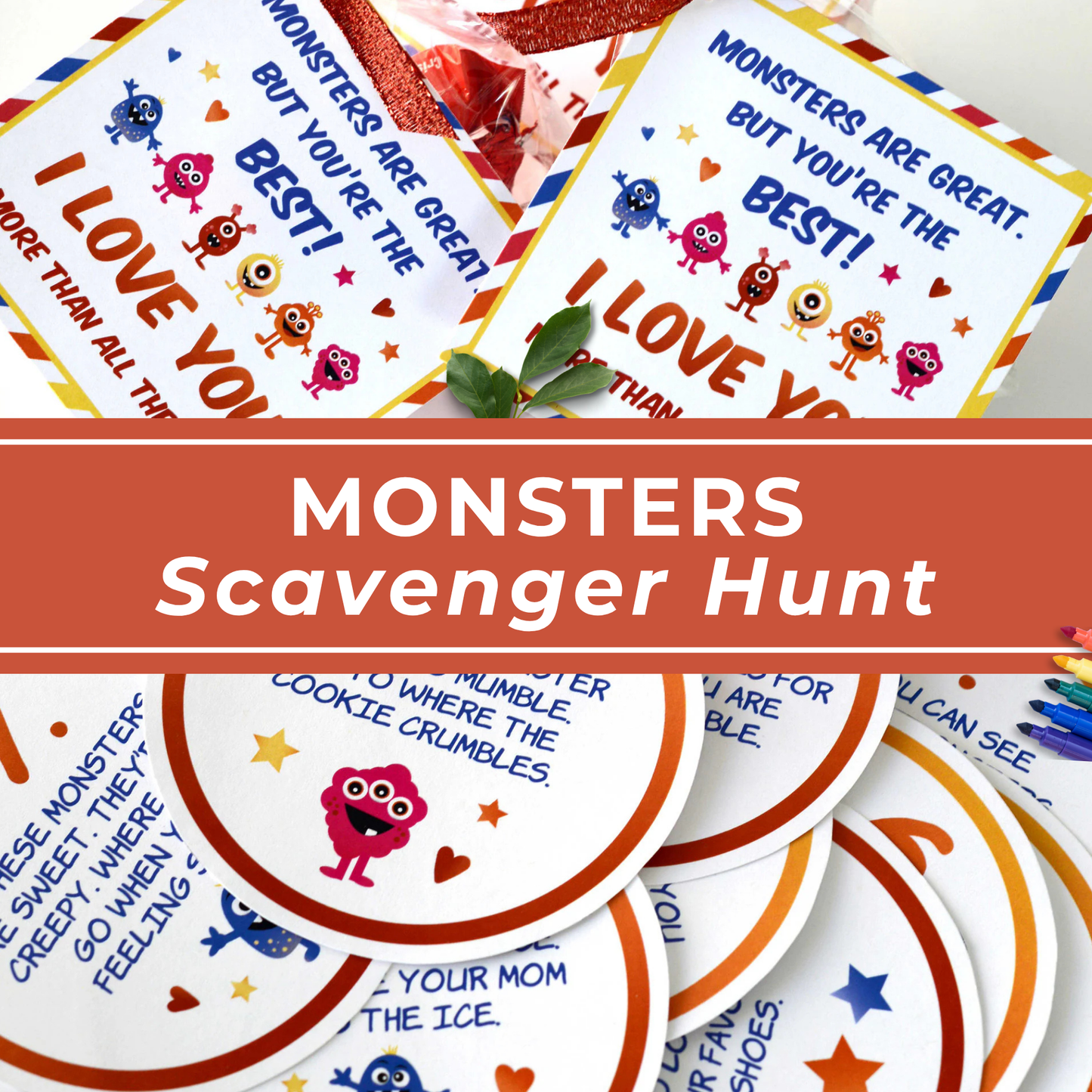 Printable Party Game Monster Scavenger Hunt Kids Birthday Activity Nine Clue Cards Instant Download DIY Entertainment Colorful Happy Monster Theme Design Ready To Print Treasure Hunt Game Children Play Date Fun Indoor Outdoor Activity