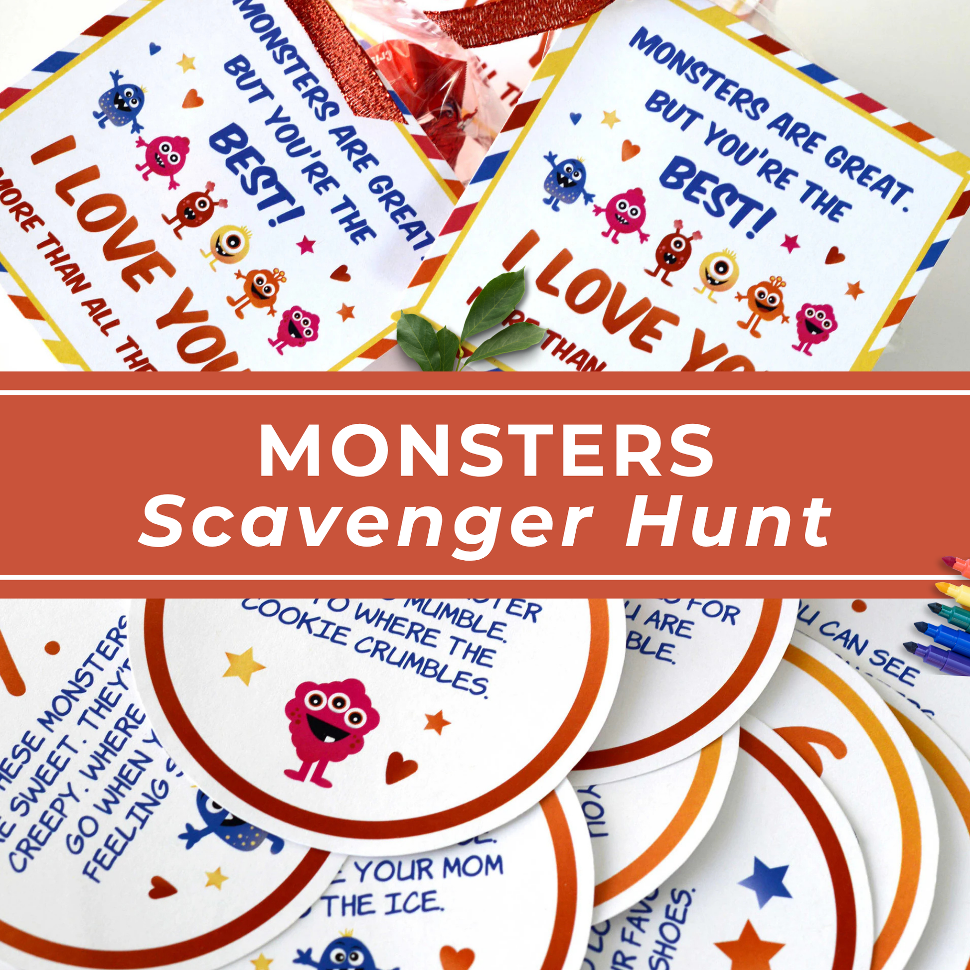 Printable Party Game Monster Scavenger Hunt Kids Birthday Activity Nine Clue Cards Instant Download DIY Entertainment Colorful Happy Monster Theme Design Ready To Print Treasure Hunt Game Children Play Date Fun Indoor Outdoor Activity