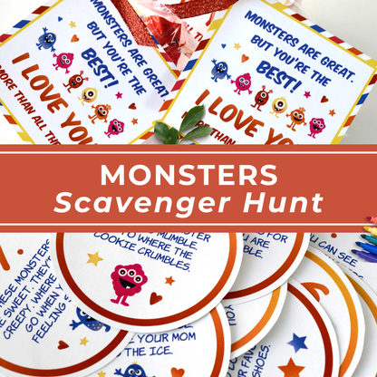 Printable Party Game Monster Scavenger Hunt Kids Birthday Activity Nine Clue Cards Instant Download DIY Entertainment Colorful Happy Monster Theme Design Ready To Print Treasure Hunt Game Children Play Date Fun Indoor Outdoor Activity