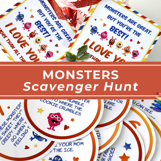 Printable Party Game Monster Scavenger Hunt Kids Birthday Activity Nine Clue Cards Instant Download DIY Entertainment Colorful Happy Monster Theme Design Ready To Print Treasure Hunt Game Children Play Date Fun Indoor Outdoor Activity