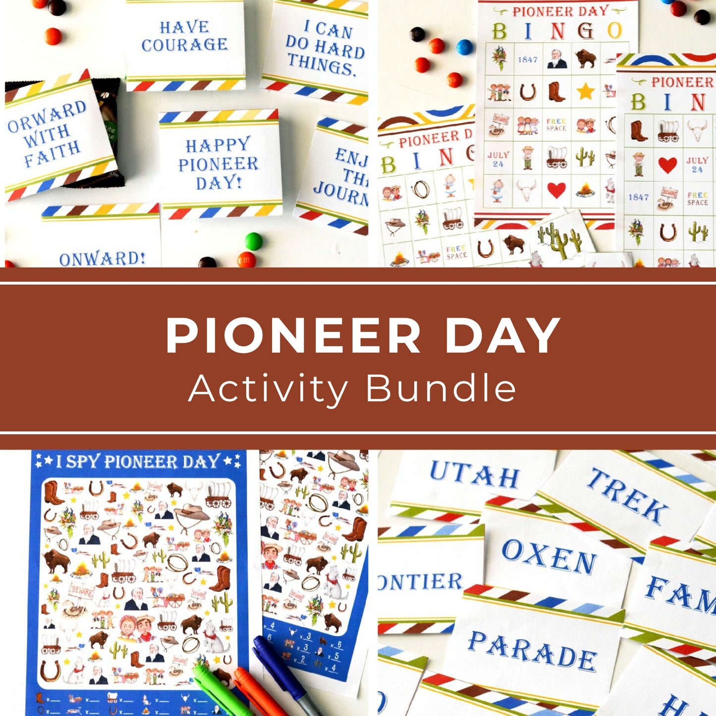 Pioneer Day Game Kit Printable Bingo Card Charade Sheet Coloring Page Mormon Pioneers Celebration Activity Pack LDS Youth Church Lesson