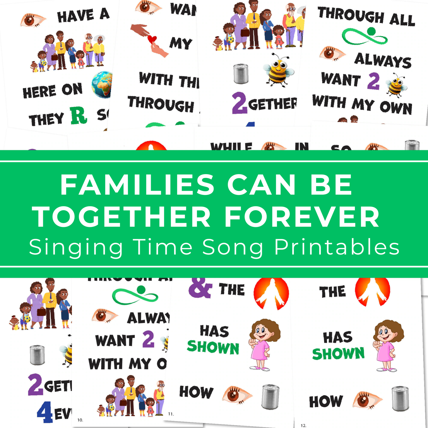 Families Can Be Together Forever singing time printables for LDS primary music leaders with flip chart song helps, colorful visuals, chorister teaching pages, and church music activity for kids