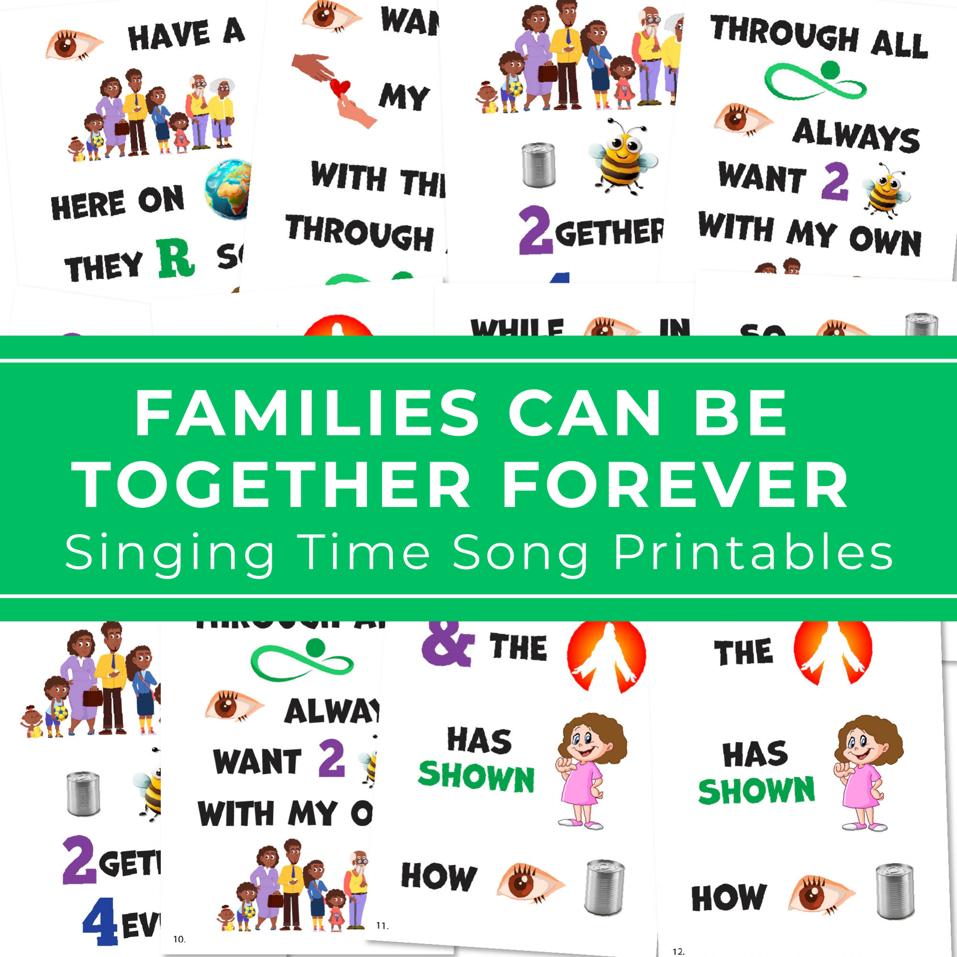 Families Can Be Together Forever singing time printables for LDS primary music leaders with flip chart song helps, colorful visuals, chorister teaching pages, and church music activity for kids