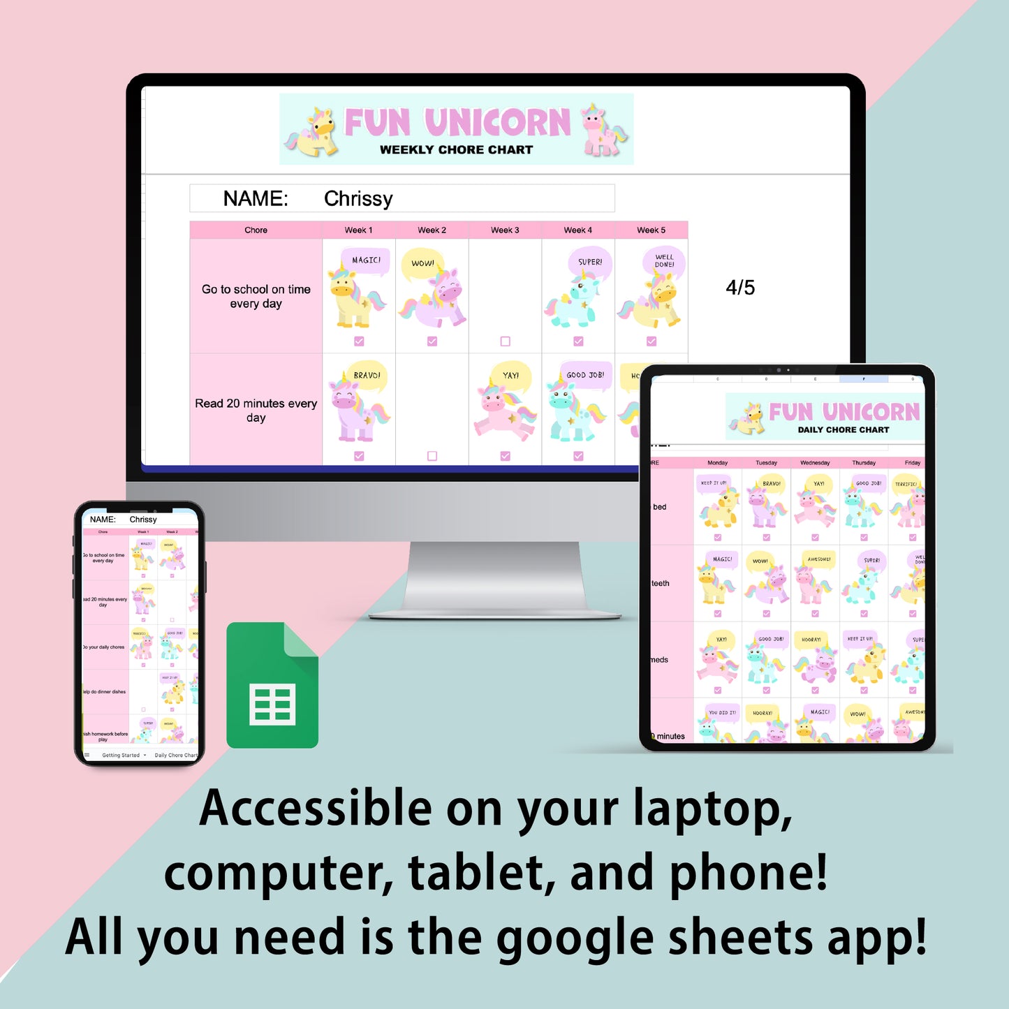 Unicorn Chore Chart Spreadsheet for Kids