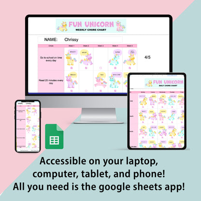 Unicorn Chore Chart Spreadsheet for Kids