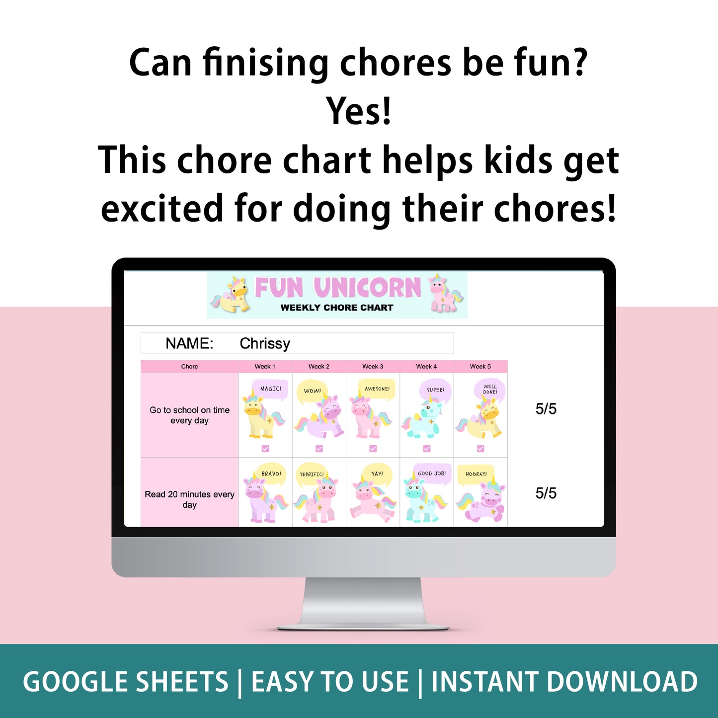 Unicorn Chore Chart Spreadsheet for Kids