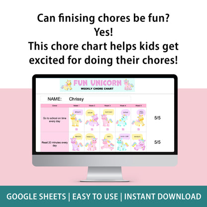 Unicorn Chore Chart Spreadsheet for Kids