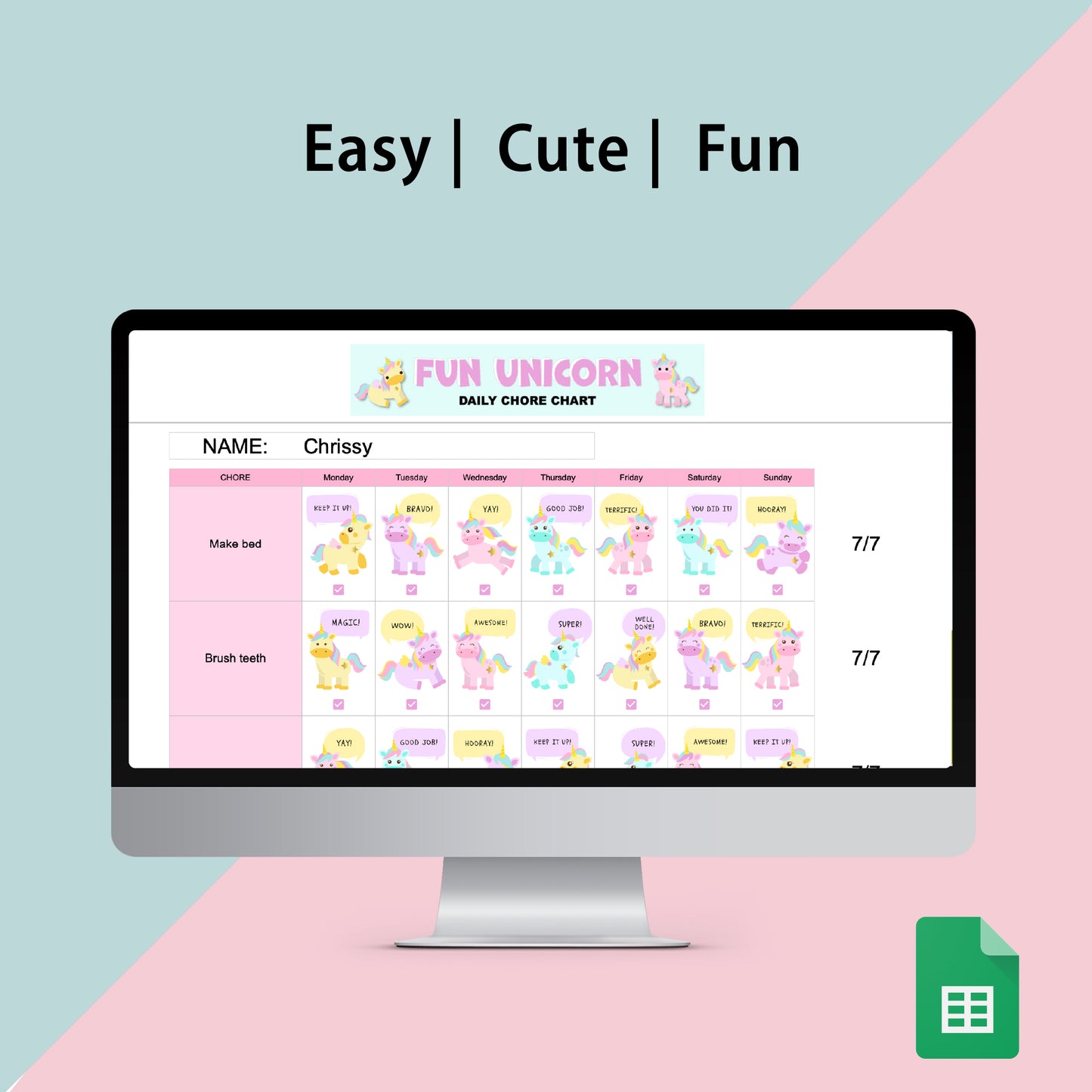 Unicorn Chore Chart Spreadsheet for Kids